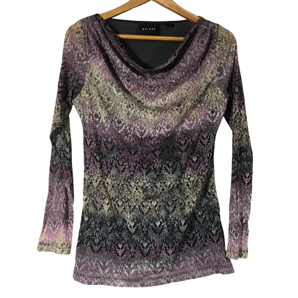 Axcess Long‎ Sleeve Cowl Neck Sheer Mesh Print Top Ombre Purple Green Black Y2K